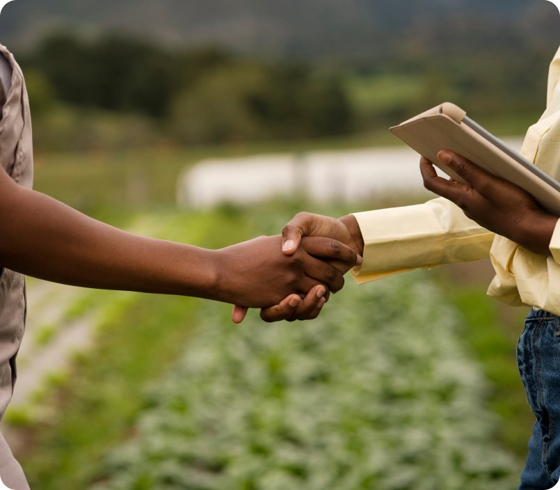 Two people shaking hands in a farm field